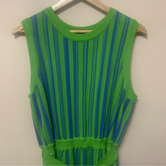 Misook Sleeveless Soft Ribbed Knit Belted Maxi Dress Green Blue Striped Size XL - Picture 3 of 11